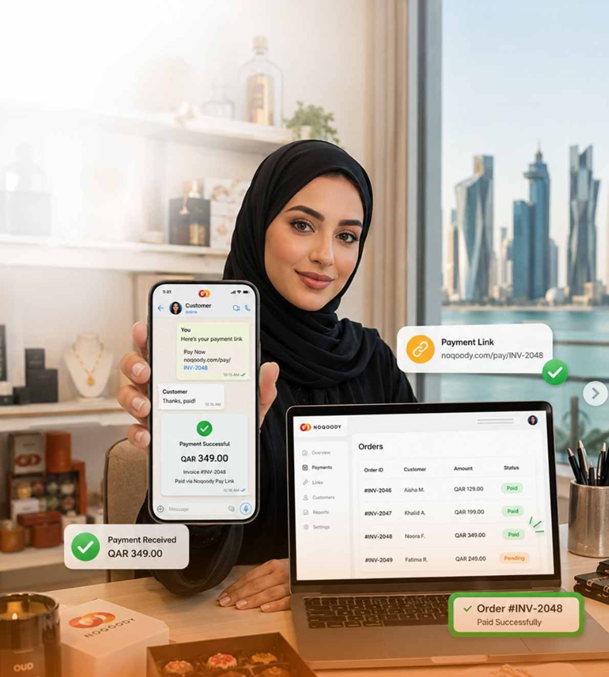 Boutique owner in Doha showing a Noqoody payment link paid on WhatsApp while the Noqoody orders dashboard confirms the settled invoice