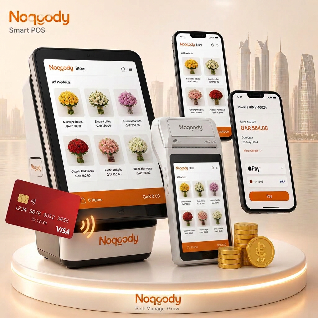 Glossy 3D Noqoody smart POS and a PAX A920 MAX handheld terminal showing an online store of flower products with QAR prices, a phone with an invoice payment screen, a red contactless card tapping the terminal, and gold coins, Doha skyline behind