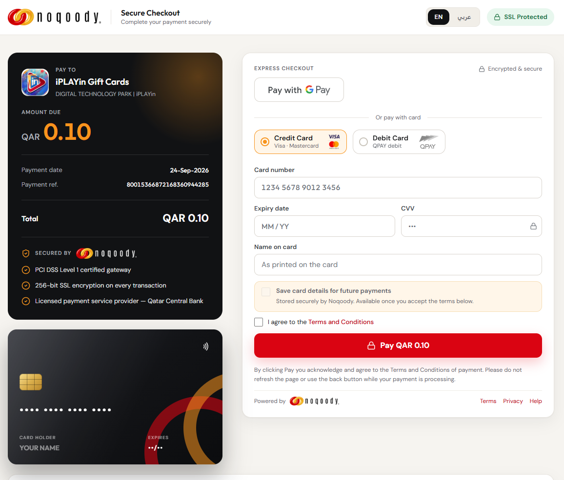 Noqoody secure checkout page showing the order summary, card payment form and red Pay button