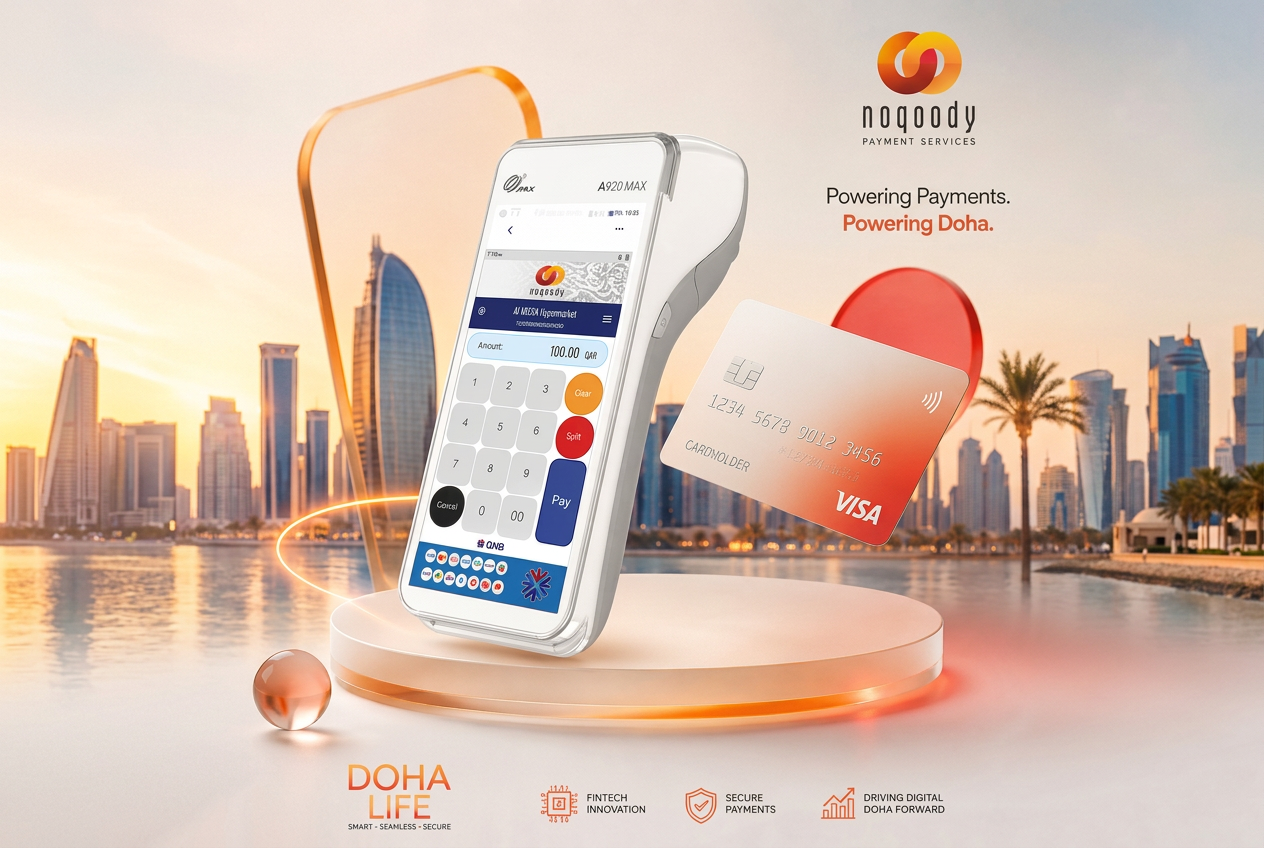 Noqoody-branded PAX A920 MAX POS terminal on a circular podium showing a 100.00 QAR payment, beside a contactless Visa card, with the Doha skyline at sunset behind it
