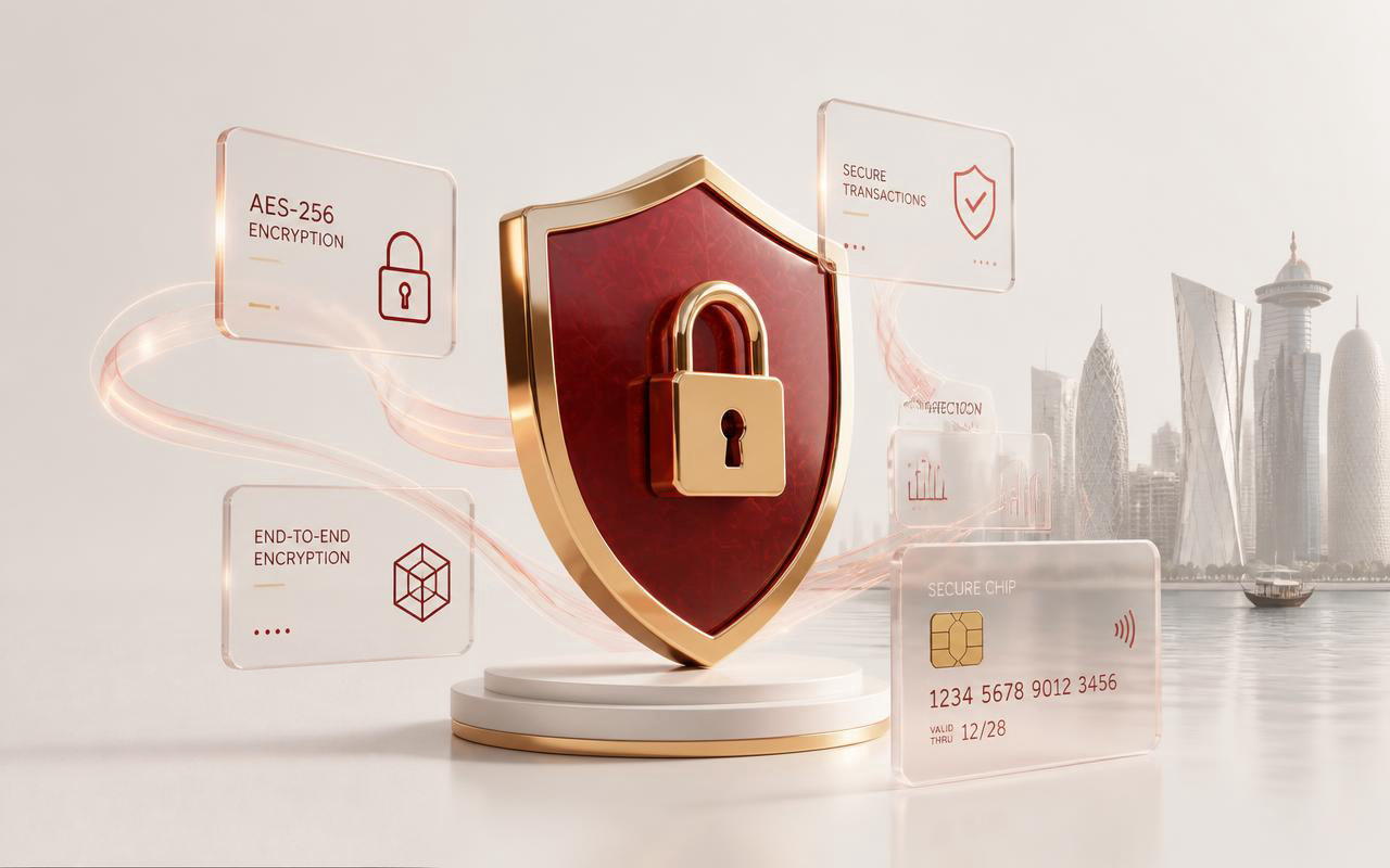 Security shield with padlock surrounded by encryption and secure chip cards