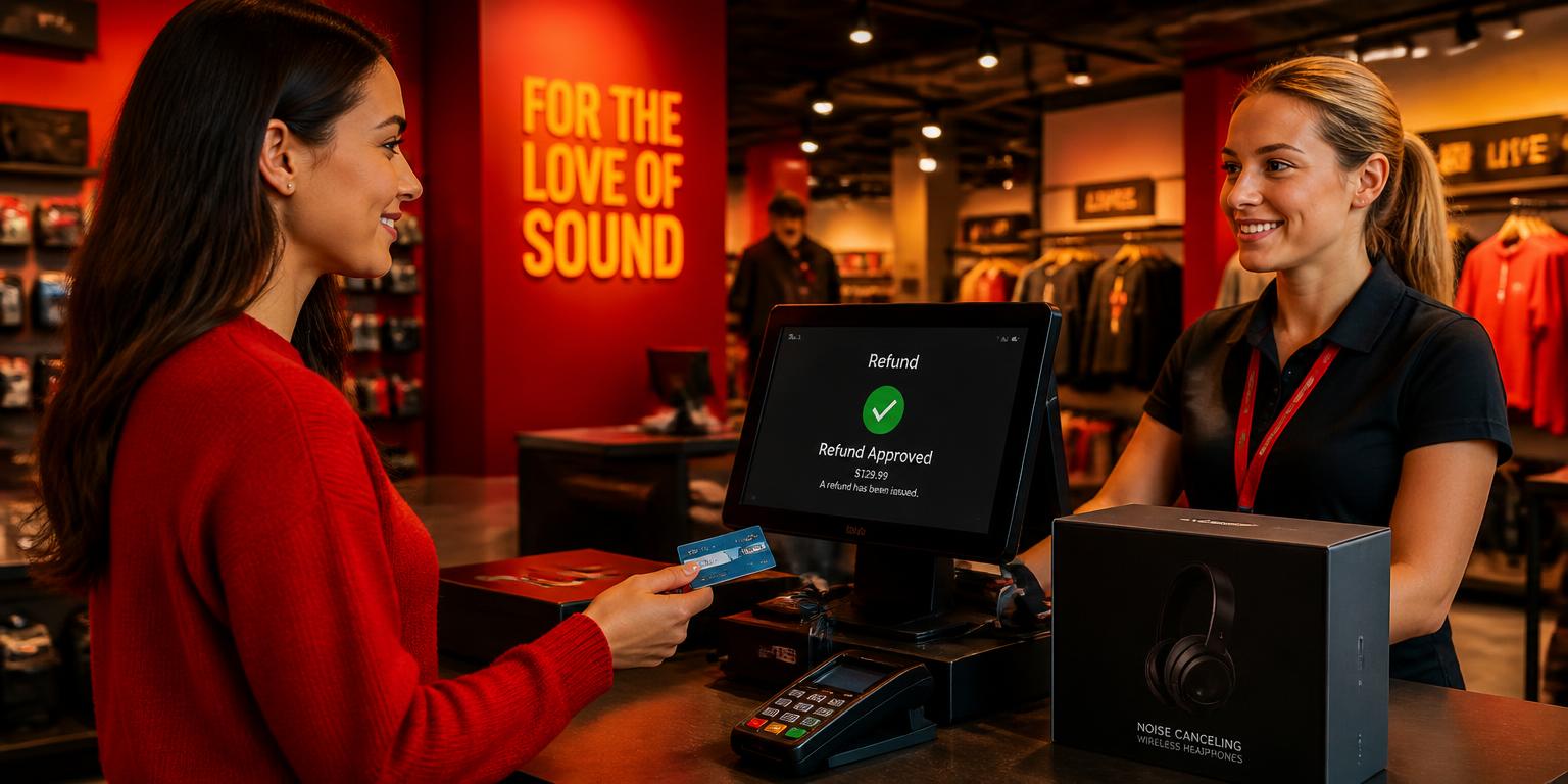 Store assistant approving an instant refund on a POS terminal showing a refund approved confirmation, representing Noqoody Smart Refund